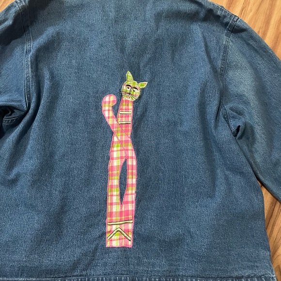 VTG Tantrums Patchwork Cats Denim Lightweight Shirt Jacket Sz L - Picture 7 of 8